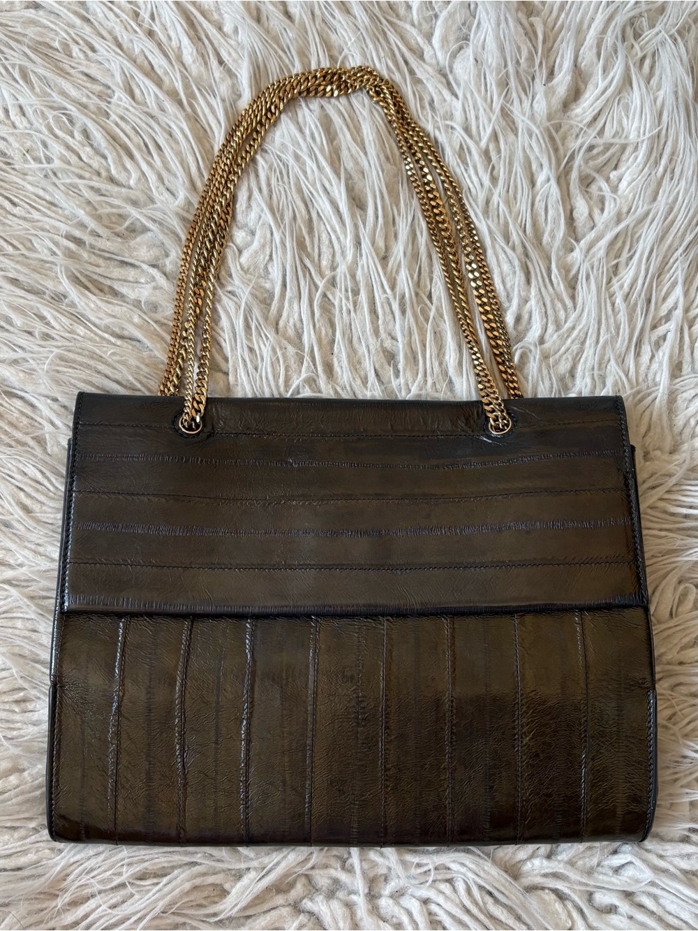 Nina Ricci Vintage Single Flap Convertible Eel Skin Brown Green Shoulder Bag EUC